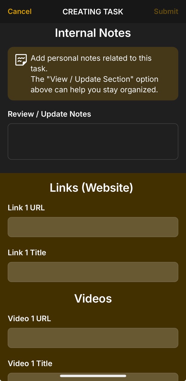 Create Task Page (Internal Notes)